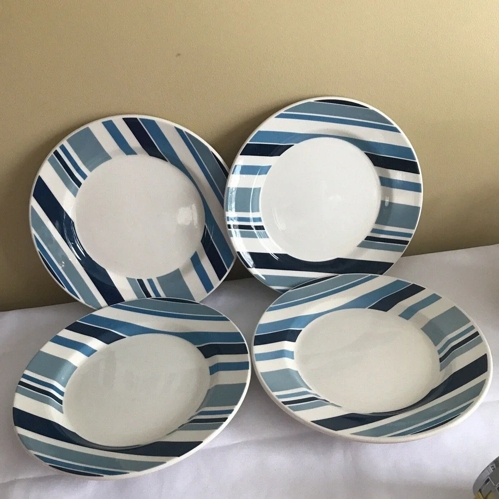 Pier 1 Marea Dinner Blue‎ & White Stripes Earthenware Made in Italy set of 4